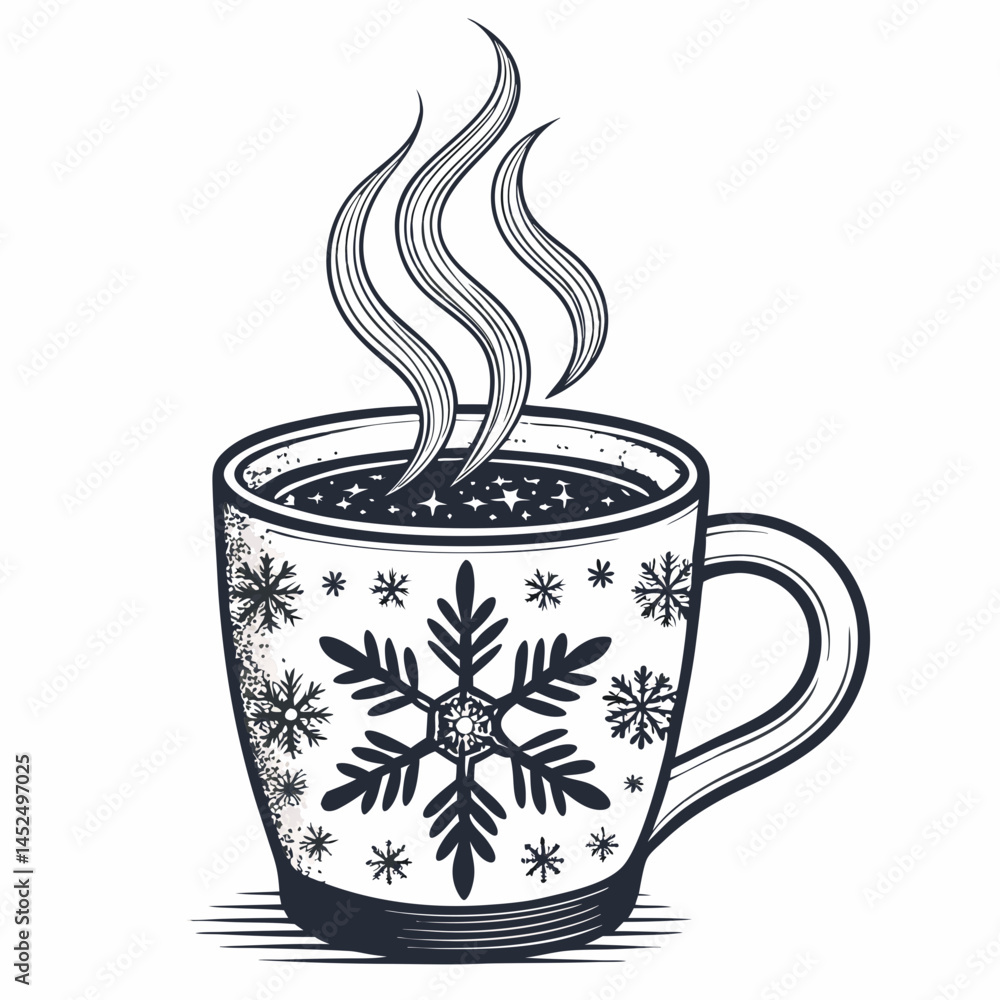 Poster create a vector illustration of a bold-stroked steaming mug with an 's' logo, emphasizing a strong, 