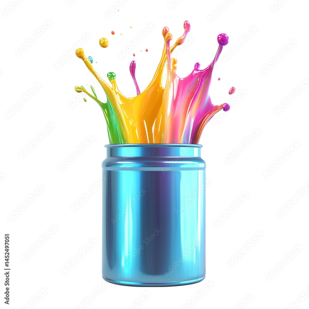 Poster vibrant chromatic paint burst from a metallic container, celebrating artistic expression and creativ