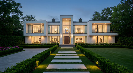 Luxury Home Exterior With Modern Architecture and Manicured Landscaping At Dusk