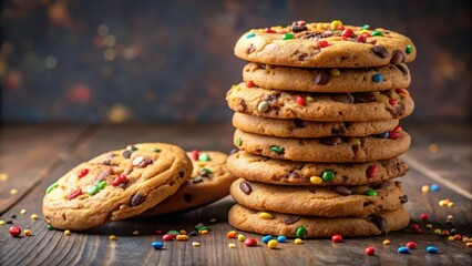 A stack of warm chocolate chip cookies with colorful sprinkles on top, freshly baked and inviting aroma , treats