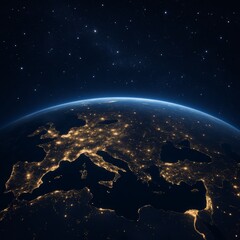 Earth at night from space showing illuminated cities across Europe and the Middle East