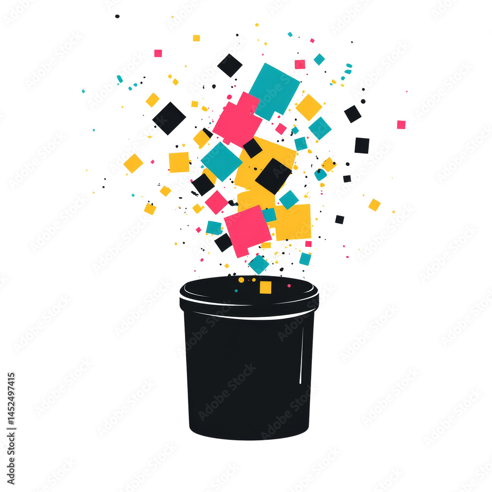 Poster geometric abstraction featuring a vessel overflowing with vibrant squares, against a nothingness bac