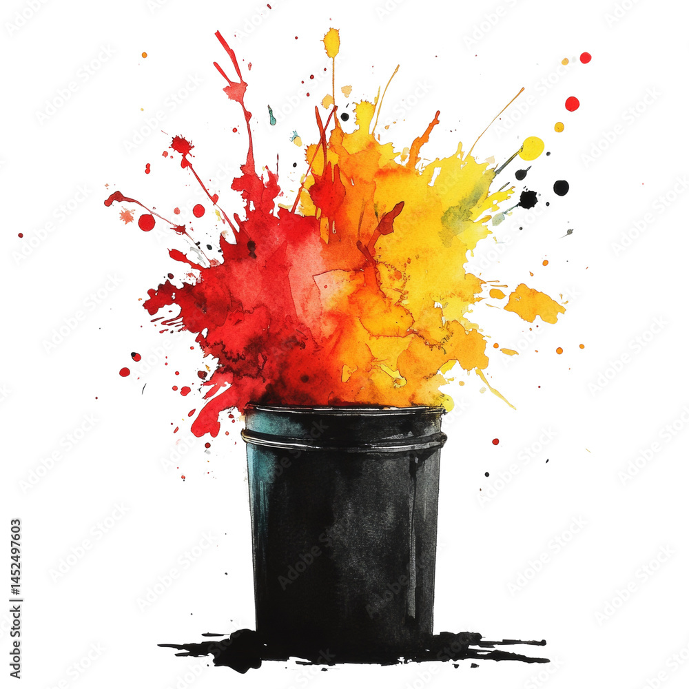 Poster Vibrant eruption of color exploding from a container against a simple setting, showcasing artistic energy and dynamism in a creative manner