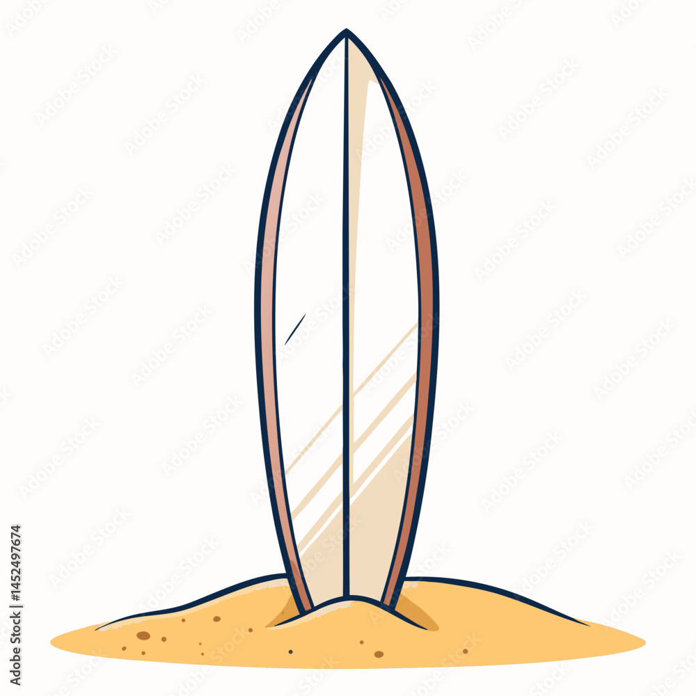 Poster create a vector illustration of a surfboard standing upright, featuring a bold, thick black outline 