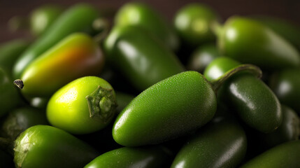 Close-up of fresh green jalapeÃ±os, displaying a dewy texture and vibrant color, suggesting freshness, spiciness, and culinary uses.