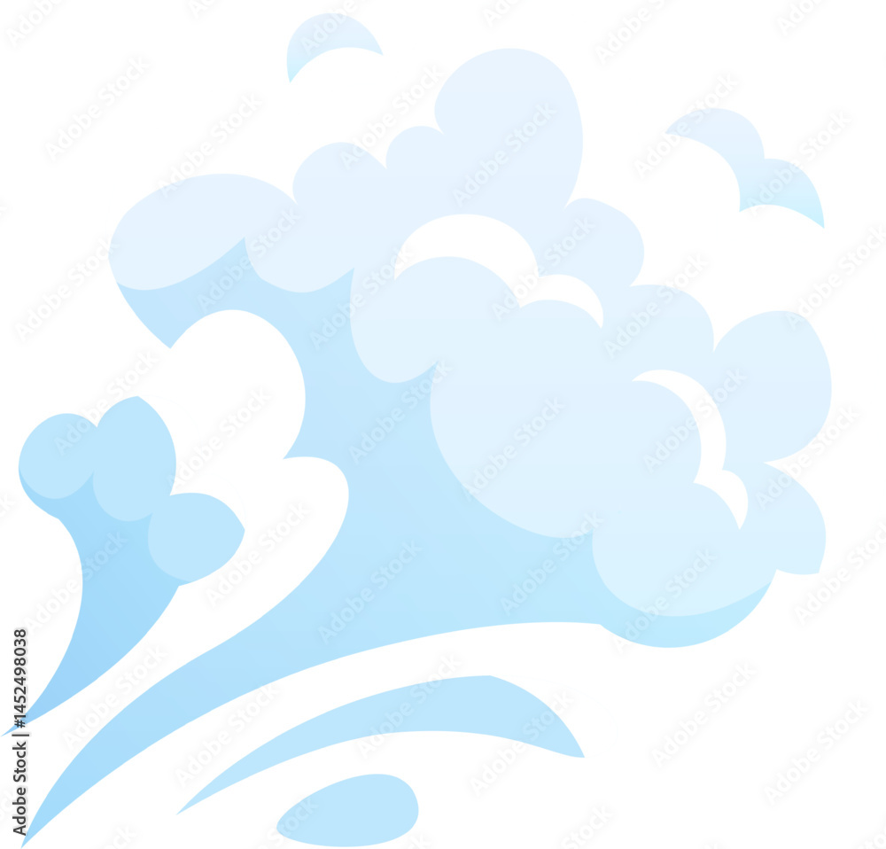Poster cartoon wave splashing and creating foam with a light blue gradient against a white background, repr