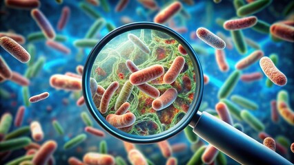 A microscopic view of Escherichia coli bacteria under a magnifying glass