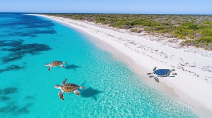 Three turtles swim in turquoise water near a pristine beach. A fourth turtle floats, solar powered