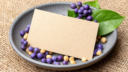Neutral toned setting featuring blank card placed on plate filled with purple berries and green leaves, creating serene and inviting atmosphere for branding or quotes