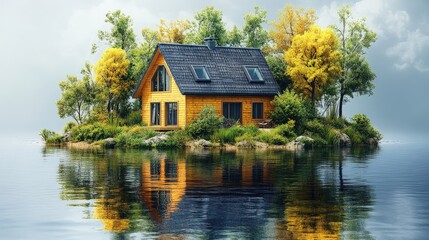 Fototapeta premium Serene lakeside cabin surrounded by vibrant autumn foliage reflecting in calm waters