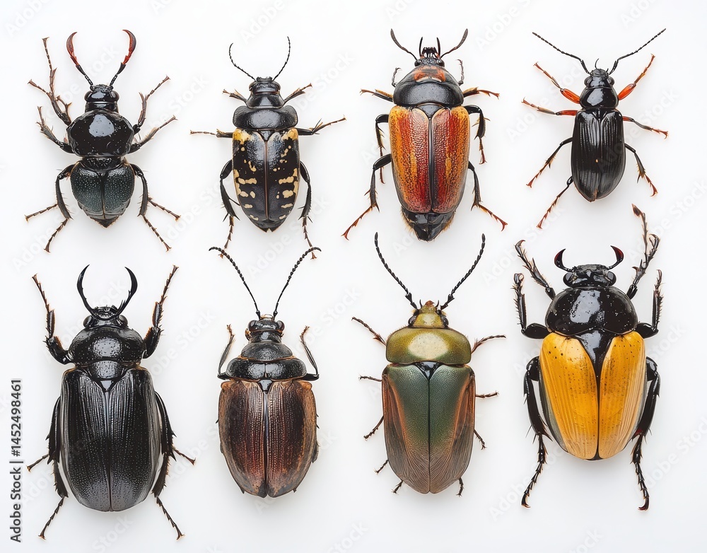 Poster diverse collection of colorful and unique beetles displayed on a light background for entomological 