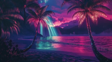 Vibrant tropical beach at sunset with neon waterfalls