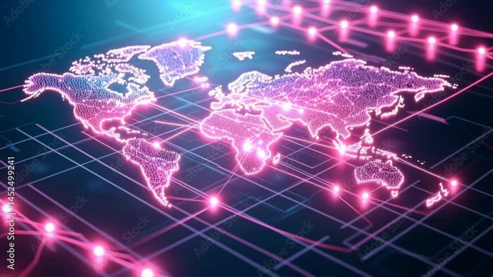 Poster futuristic digital world map with vibrant neon colors and connected grid lines, symbolizing global c