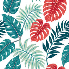 Create a bold, vector illustration of a tropical leaf pattern featuring hibiscus and monstera leaves with thick black outlines. © adobe1 stock