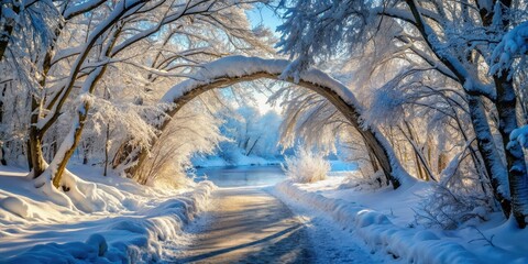 Winter landscape with snow-covered forest path leading to frozen river behind natural archway of snow and ice , winter wonderland , winter