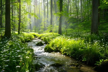 Obraz premium Serene Stream Flows Through Lush Green Forest, Sunlight Dappling Flowers and Trees, Creating a Tranquil and Peaceful Atmosphere. Discover Nature's Beauty in this Enchanting Landscape.
