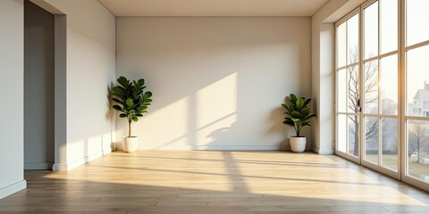 Sunlit Empty Room with Hardwood Floors and Potted Plants