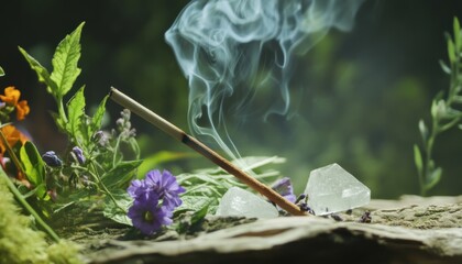 Aroma of incense smoke weaving through dried herbs and crystals in a serene natural setting
