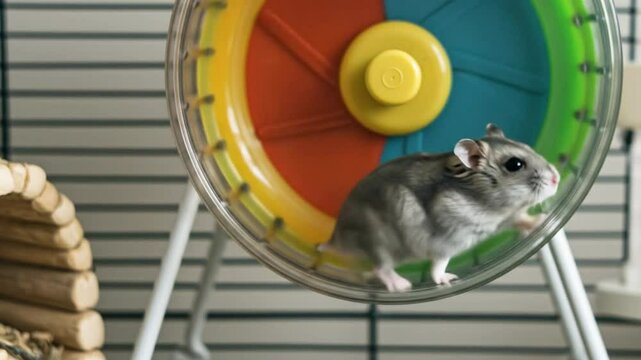 Adorable hamster energetically spins a colorful wheel in its cage a close-up view showing delightful 