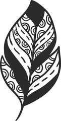 Black and white zenart illustration representing a feather with decorative patterns, creating a stylized leaf shape, ideal for nature inspired designs