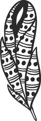 Stylized feather boasting intricate black and white patterns, blending stripes and dots for a visually captivating design, perfect for bohemian, nature inspired, or decorative projects