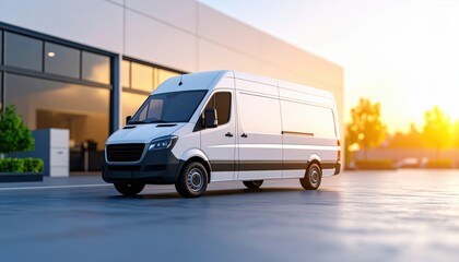 Delivery Van at the Warehouse: A gleaming white delivery van is parked in front of a modern building during the golden hour, with a hint of nature, symbolizing efficiency and logistics.