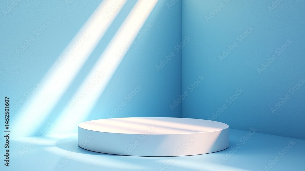 Poster a round platform stands in a minimalist blue room, bathed in gentle sunlight streaming through, crea