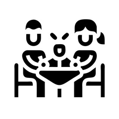 Family Dinner Icon - Family Meal, Family Bonding, Togetherness,A black and white vector icon representing a family dinner, featuring parents and a child gathered around a meal