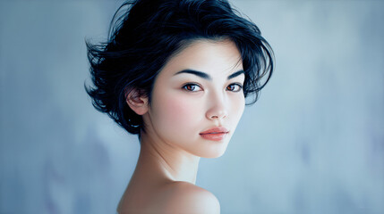Naklejka premium Hyper-Realistic Portrait of an Elegant Japanese Woman in Soft Blue Tones