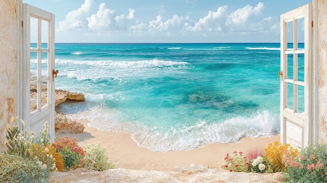 cozy window perspective, countryside through window, floral window frame view Scenic beach view through open doors.