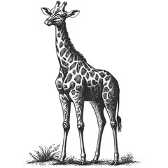 Naklejka premium Rough wood block print, giraffe vector illustration, vintage sketch, engraving style animal, wildlife poster art, hand drawn safari, monochrome jungle animal print, retro animal wall art