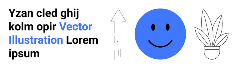 Blue circular smiling face, upward arrow with motion lines, decorative text, and minimalist potted plant. Ideal for motivation, happiness, branding, growth, simplicity mindfulness flat landing page