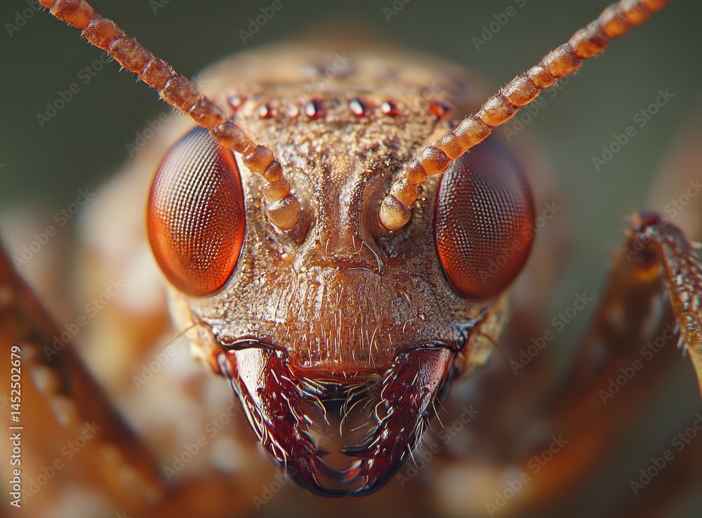 Poster extreme close-up of an insect face showing detailed texture, fascinating eye structure, and unique f
