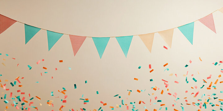 Pastel bunting flags and confetti falling against a beige background, celebrating joy and festivity, ideal for party invitations or celebratory designs, free space for text