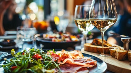 Fototapeta premium Guests enjoy a delightful meal with an array of fresh salad, cured meats, and crispy bread, complemented by sparkling white wine in a warm, inviting restaurant atmosphere