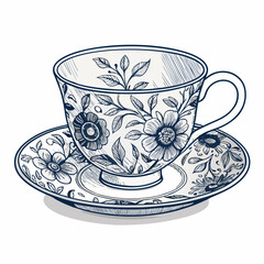 Create a bold, vector illustration of a vintage teacup with a thick stroke, emphasizing retro style.  Include detailed handle and delicate floral pattern.