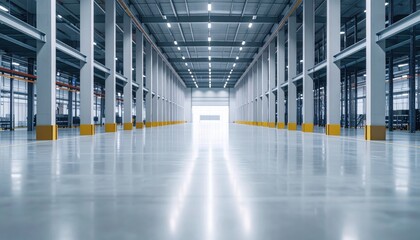 Fototapeta premium Industrial Warehouse Interior: A wide-angle view of a spacious, well-lit industrial warehouse with high ceilings, concrete floors, and rows of steel beams.