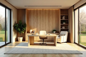 Fototapeta premium Serene Minimalist Home Office Design with Natural Light and Wooden Accents