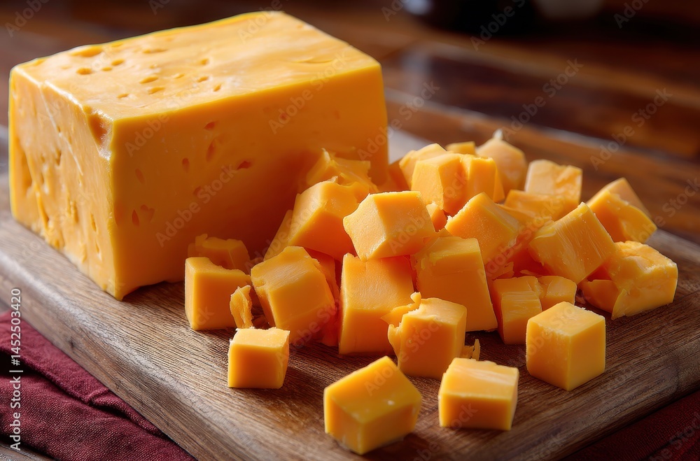 Aufkleber fresh cheddar cheese block and cubes on wooden cutting board with rustic background for culinary use
