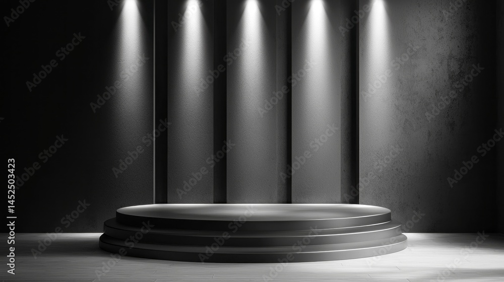 Poster a sleek exhibition stage features smooth gray surfaces and strategically placed spotlights. the mini