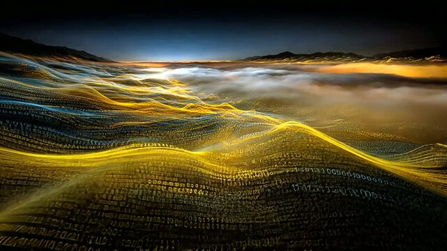Abstract digital landscape with binary code  Vast, undulating digital waves