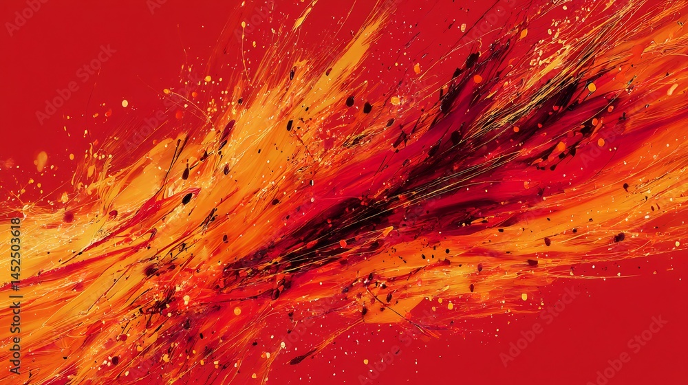 Poster fiery abstract painting with dynamic splashes and intense color palette