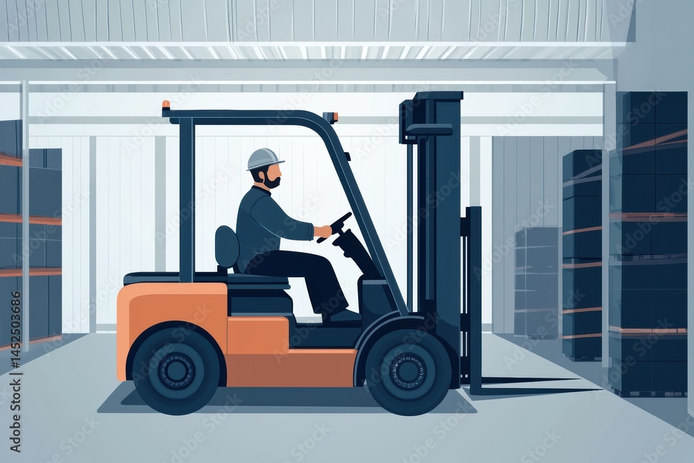 Poster graphic layout showcasing a worker operating a forklift in a warehouse setting