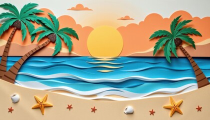 A tropical paper cut seascape featuring palm trees swaying in the breeze on a quiet sandy beach. Clear waves wash in gentle folds onto the shore, reflecting the golden sun above