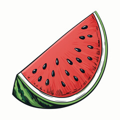 Create a bold, vector illustration of a juicy watermelon slice with thick black outline, emphasizing texture and vibrant red color.