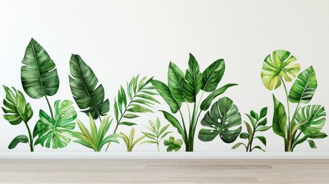 Lush green tropical leaves sticker on a fresh white wall
