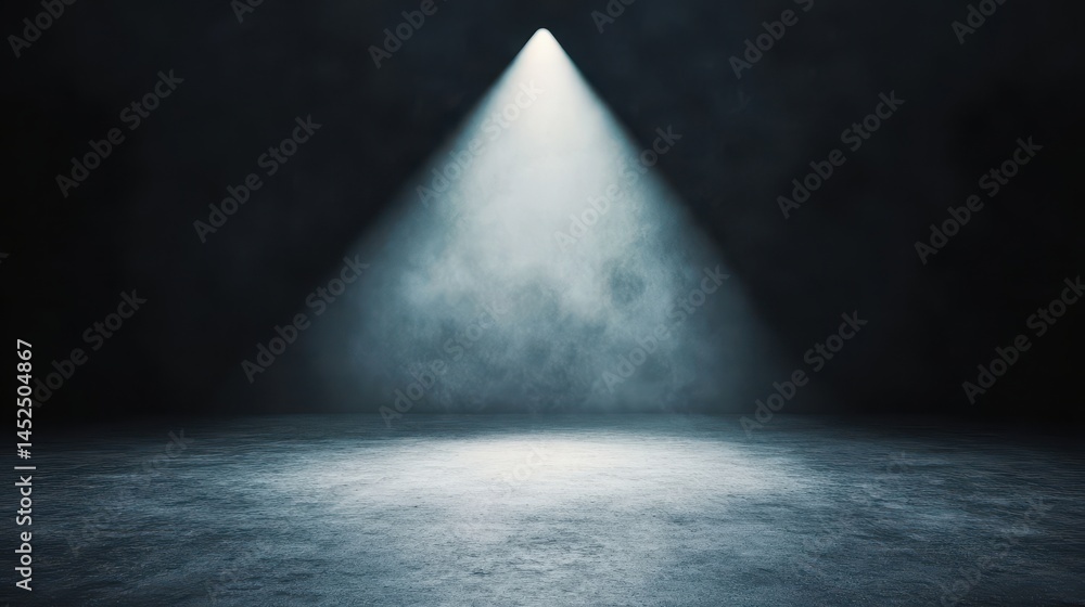 Poster spotlight illuminating empty stage with dark background and fog