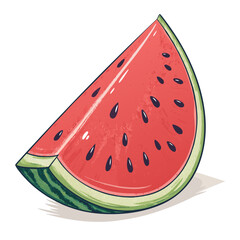 Create a bold, vector illustration of a juicy watermelon slice with thick black outlines, emphasizing its vibrant red flesh and black seeds.  High detail, clean lines.