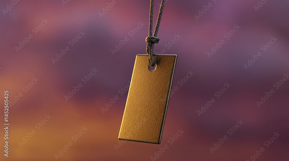 Poster golden rectangular tag hanging on dark cord against blurred purple-orange background mockup for text