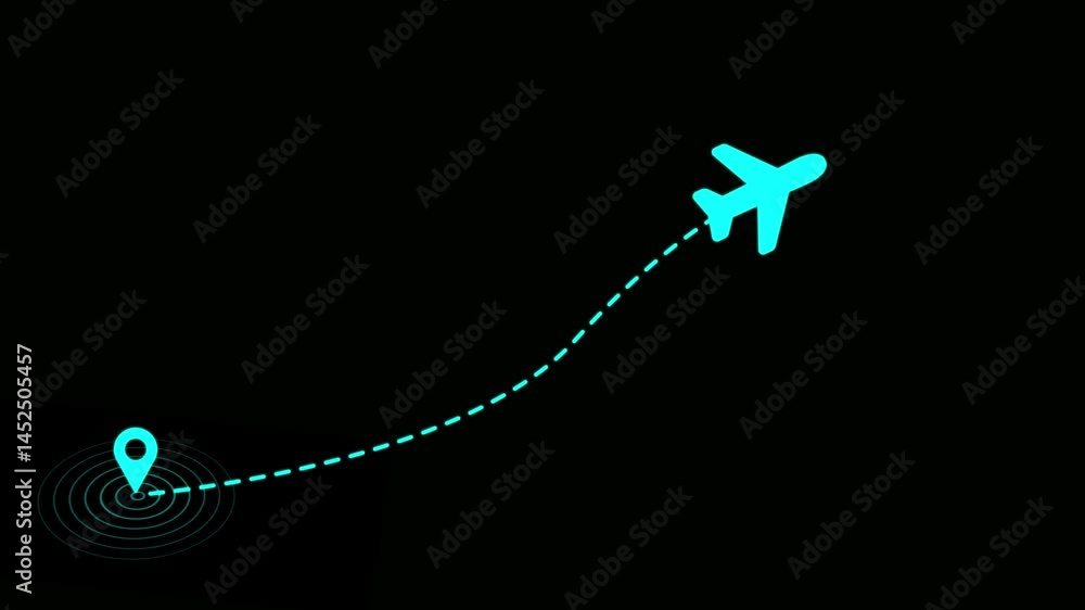 Poster animated airplane flight path to destination with pin location on black screen. airplane line path a